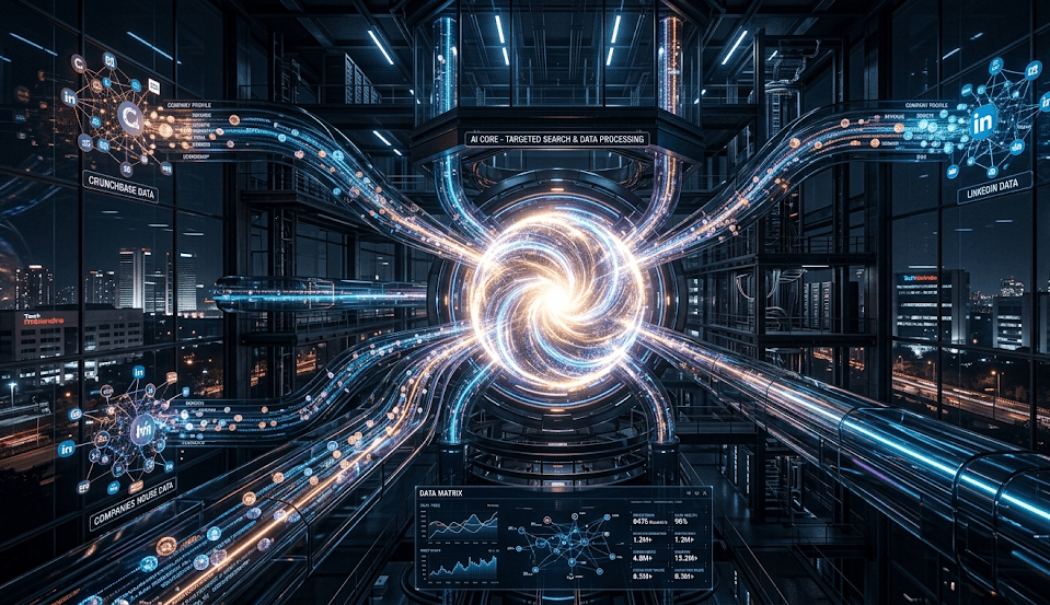 Data Enrichment Architecture - High-speed data conduits pulling from Crunchbase, LinkedIn