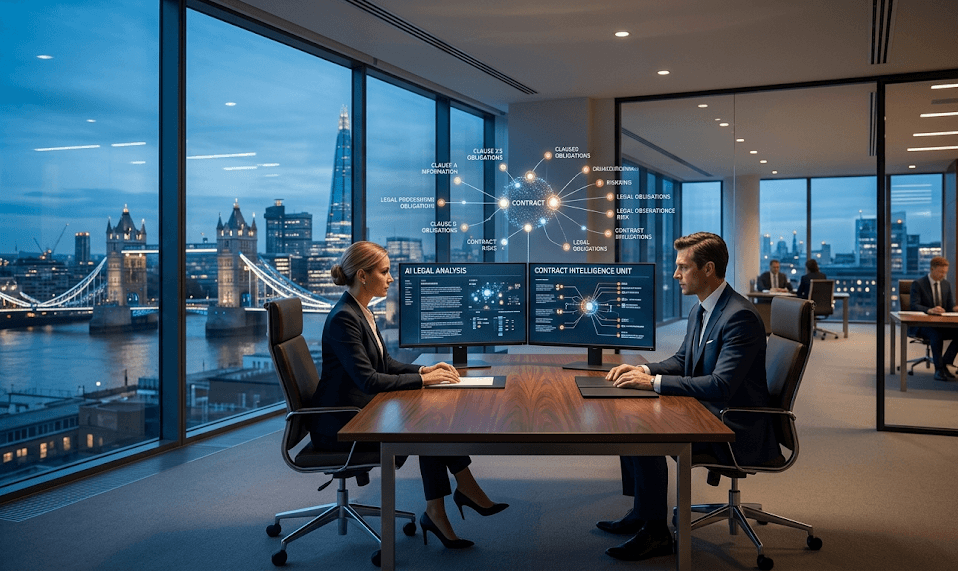 Modern law office reviewing contracts with AI analysis