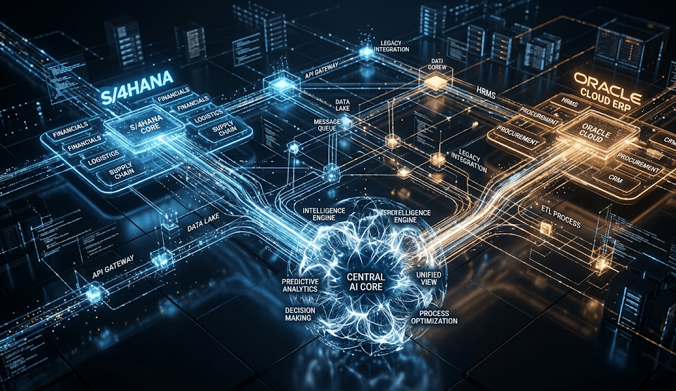 ERP integration stack highlighting Zoho, SAP, Oracle bridging to AI