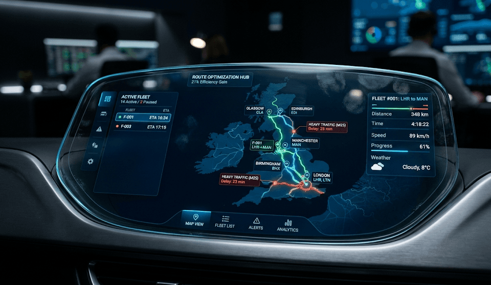 Four panels visualizing route arrays, warehouse heatmaps, and sensor IoT nodes
