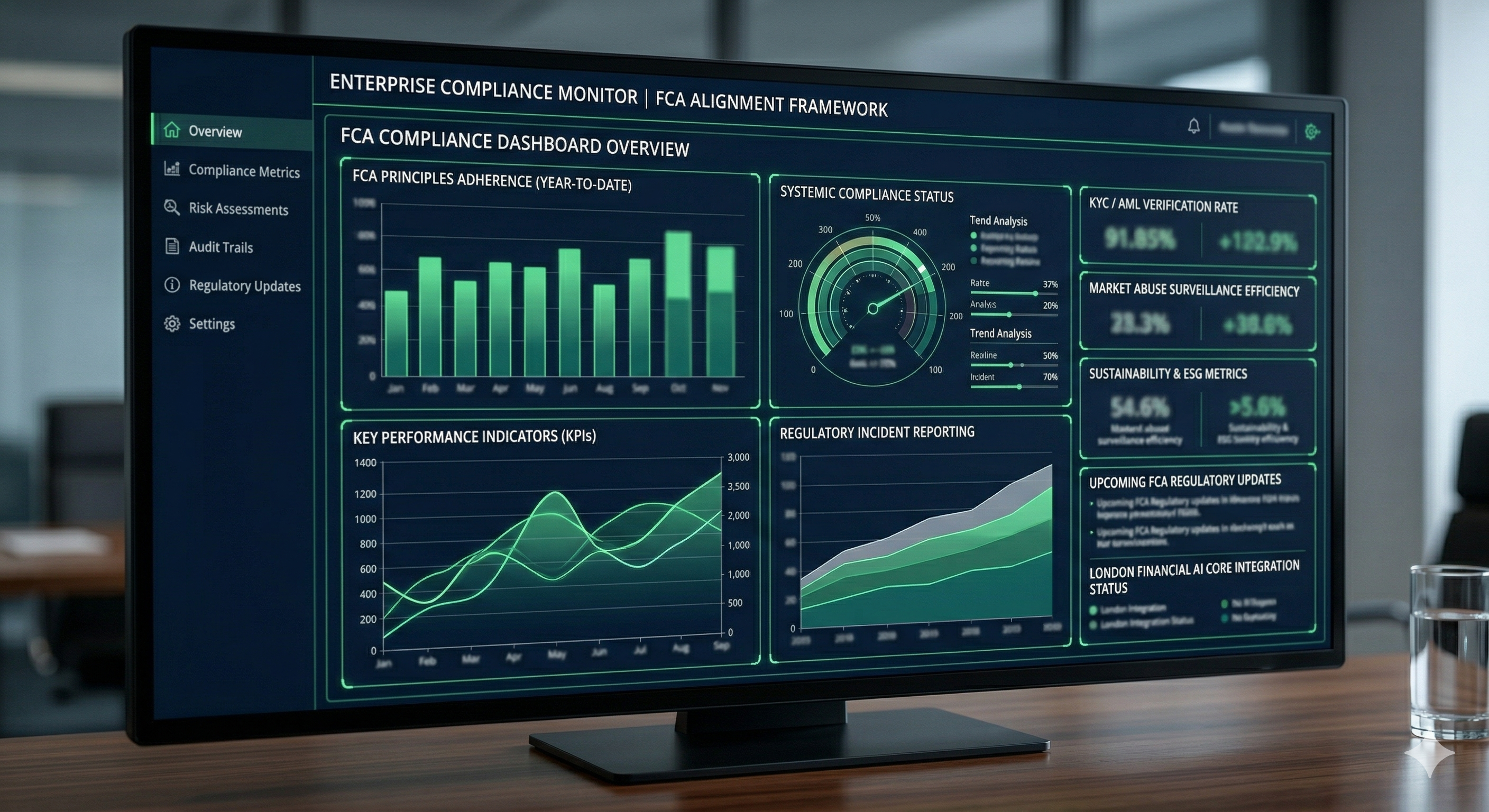 Dashboard showing FCA compliance metrics, audit trails, and KYC workflow stages