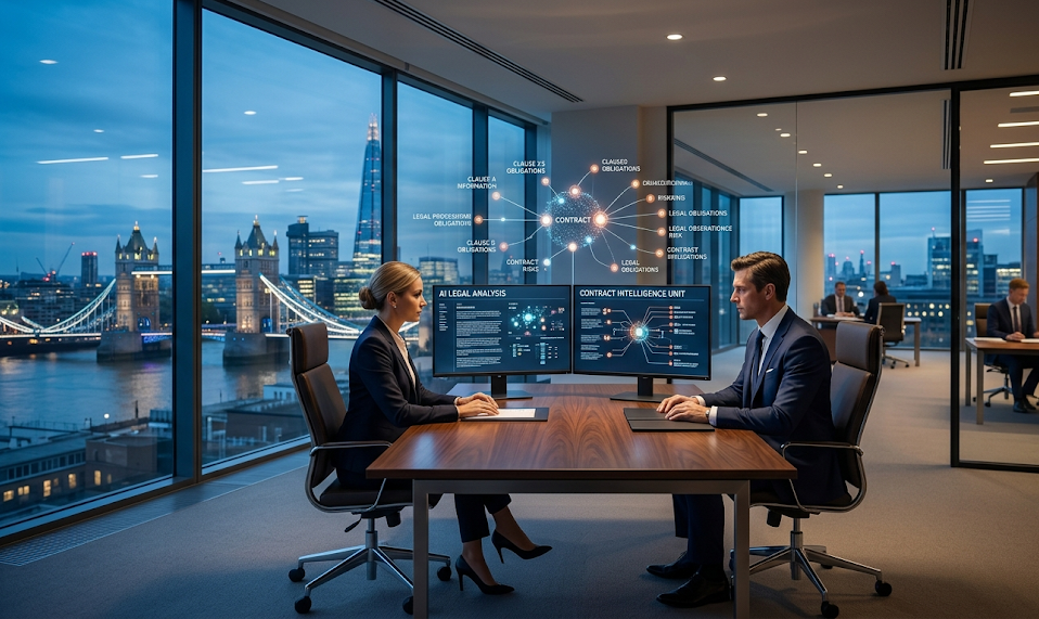 Modern law office reviewing contracts with AI analysis